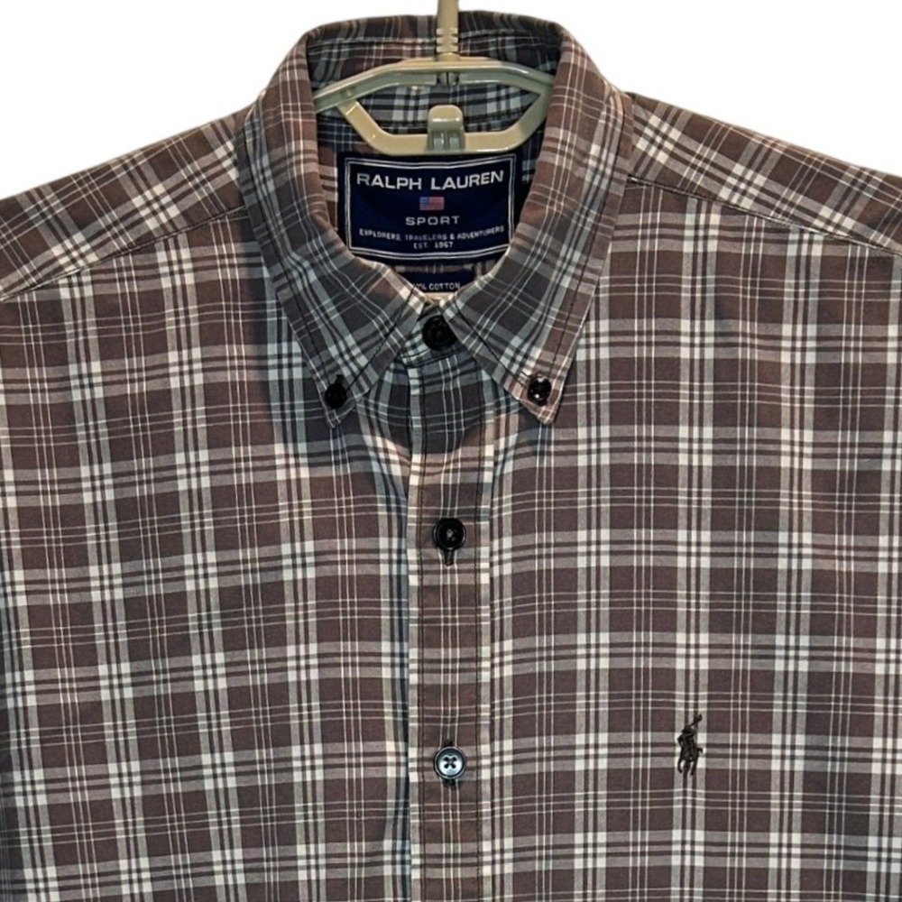 Ralph Lauren Sport Plaid Shirt Large Men's Brown Short Sleeve Button Down Cotton
